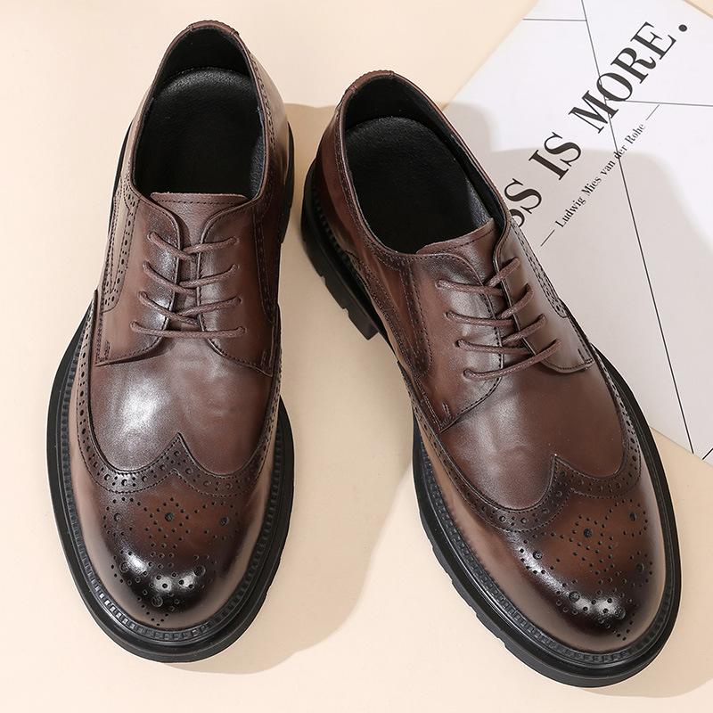 2025 podzim nové kožené pánské boty Brock společenské kožené boty hnědé britský styl zvyšující výšku business kožené boty muži