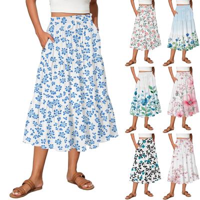 Saias longas femininas esvoaçantes com babados e bainha em A, cintura elástica, elegantes em camadas, estilo boho