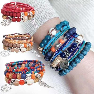 Bracelet Bohème Rétro Ethnique Multi-Couches Fait Main en Perles de Riz pour Femmes