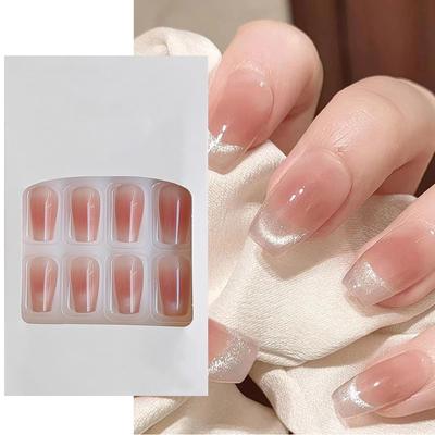S.A.V.I 24 PCS Nude & Pink Blush Cat's Eye Long Coffin Fake Nails - DIY Manicure Kit, Elegant Press-On False Nails, Natural Look, Comfortable & Dur