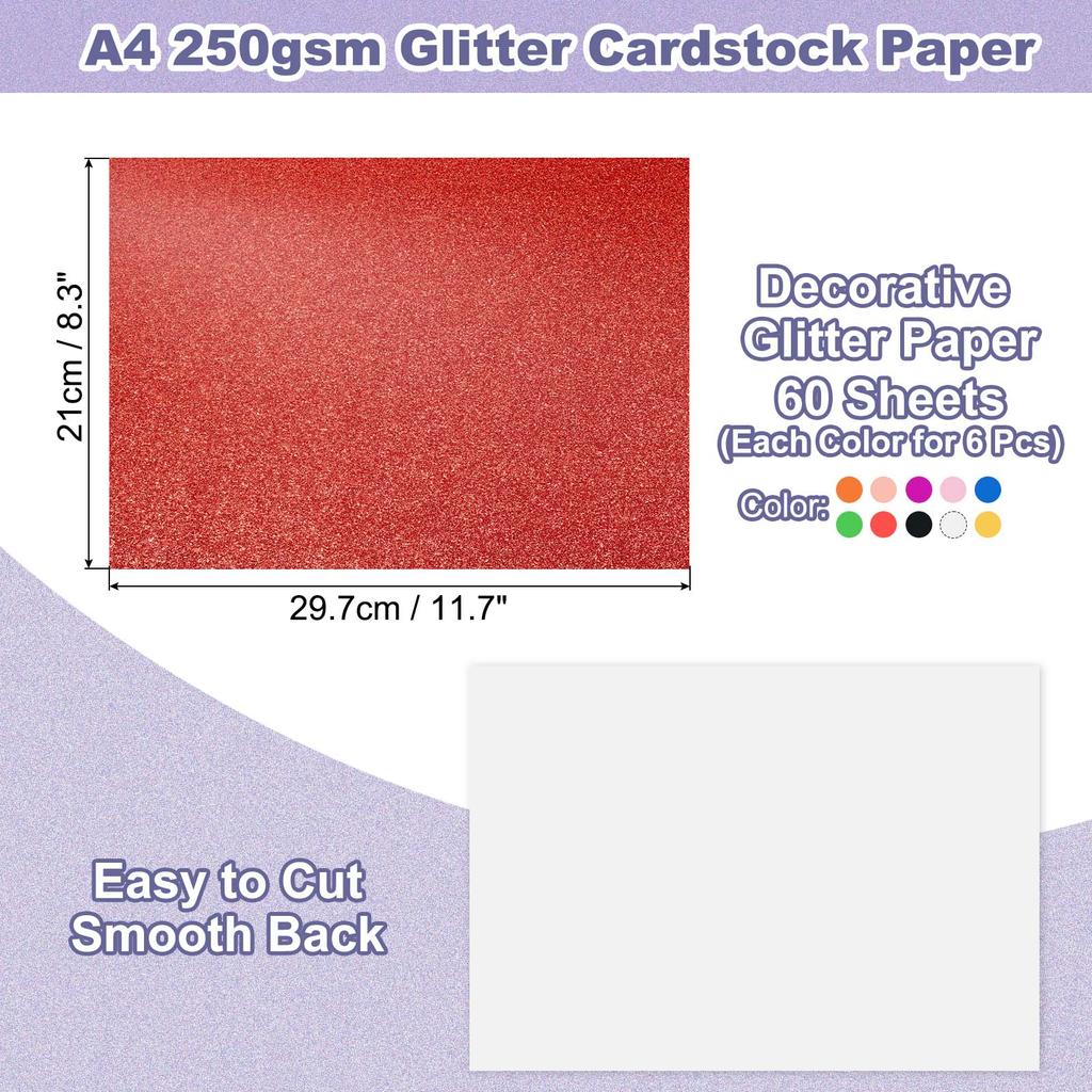 60Sheets Glitter Cardstock A4 Glitter Paper Card Stock Shiny Scrapbook 250gsm Sparkly Paper Large Shimmer for Scrapbook DIY Art