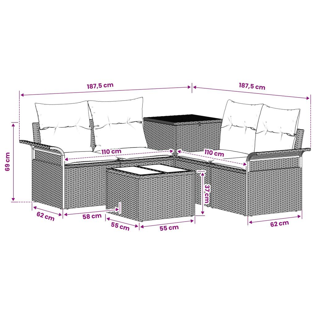 Sofa Set 6 pcs. 4 Seater Beige and Light Grey