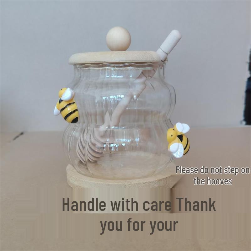 High Borosilicate Glass Honey Jar with Lid and Stirrer - Kitchen Storage Jar