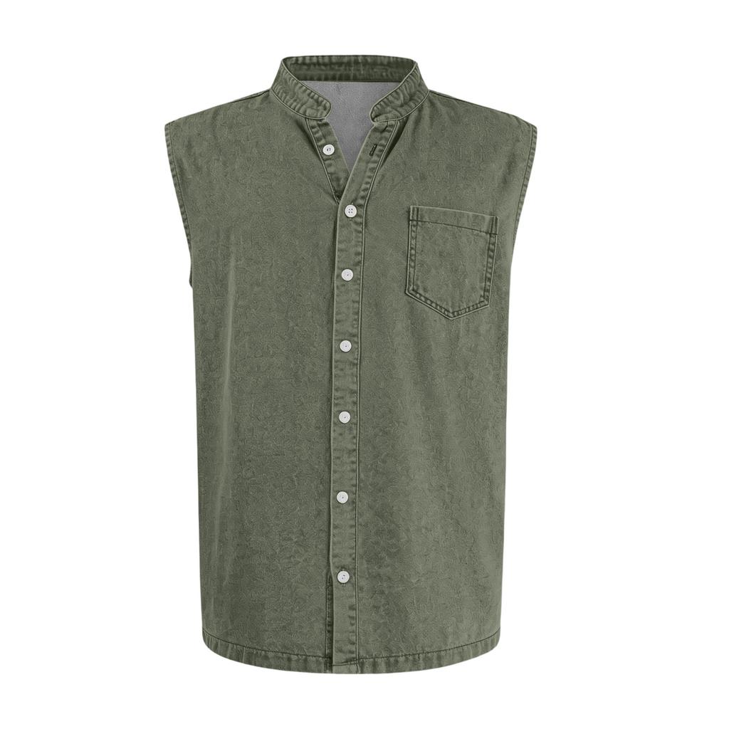 Men's Summer Fashion Distressed Denim Shirt. Men's Casual Sporty Sleeveless Button-down Vest.
