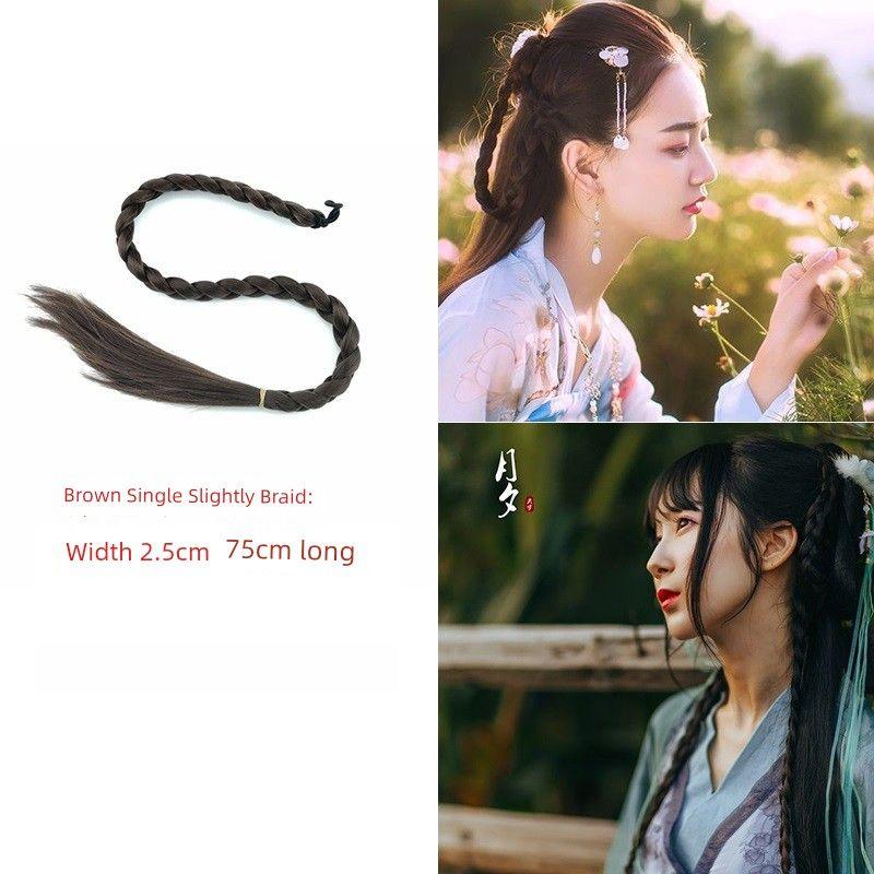 Ancient Costume Wig Double-Headed Twist Braid Republic of China Student Big Braid Chinese Bride Xiuhe Style Coiled Hair Wig Long Braid