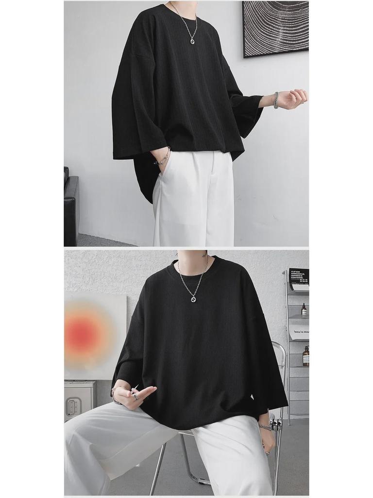 Men's Ice Silk Drape T-Shirt, Short Sleeve, Solid Color, Summer 2023 Trend, Plus Size, Three-Quarter Length.