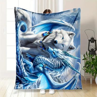 "Blue Dragon and Wolf Fantasy Art Print - Magical Creature Poster"Blanket Flannel Throw Blanket for Sofa, Bed, Travel, Camping, Office, Couc