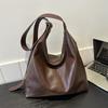 Women's Faux Leather Shoulder Bag, 2026 Trendy Solid Color Work Tote, Korean Style Zipper Closure Bucket Handbag