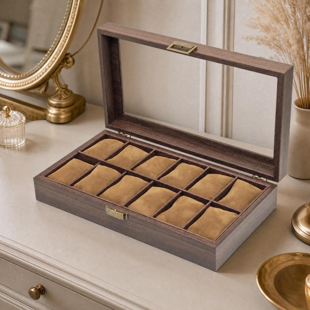 Watch Storage Box Large Capacity 12-Slot Wood-Grain Finish for Dresser