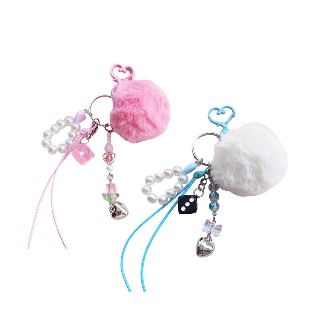 Stylish Pearls and Furry Sphere Pendant Multipurpose Pearls Sphere Key Rings Soft Car Key Chain Charm for Fashion Lovers