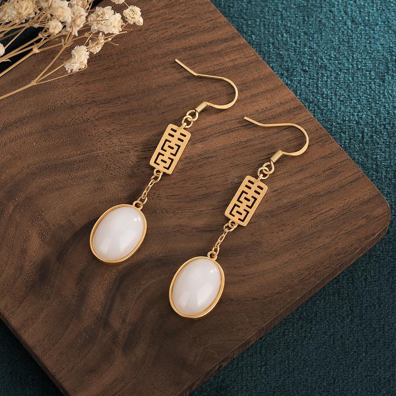 

Double Happiness White Jade Earrings - Palace Design for a Slimming Round Face Look