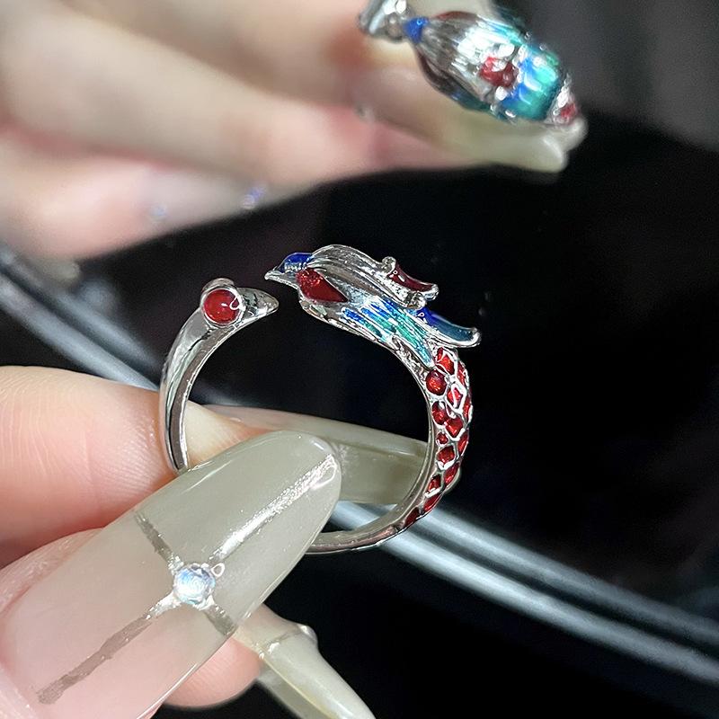 Dragon And Phoenix Ring Couple Ring Domineering Retro Niche Design Personalized Guochao Burning Blue Ring Valentine S Day Gift Adjustable opening