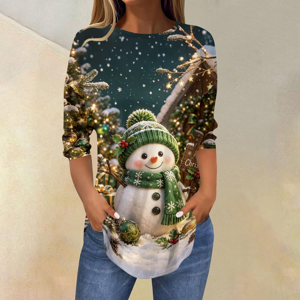 Women's Christmas Print Neck Three-Quarter Sleeve T-Shirt