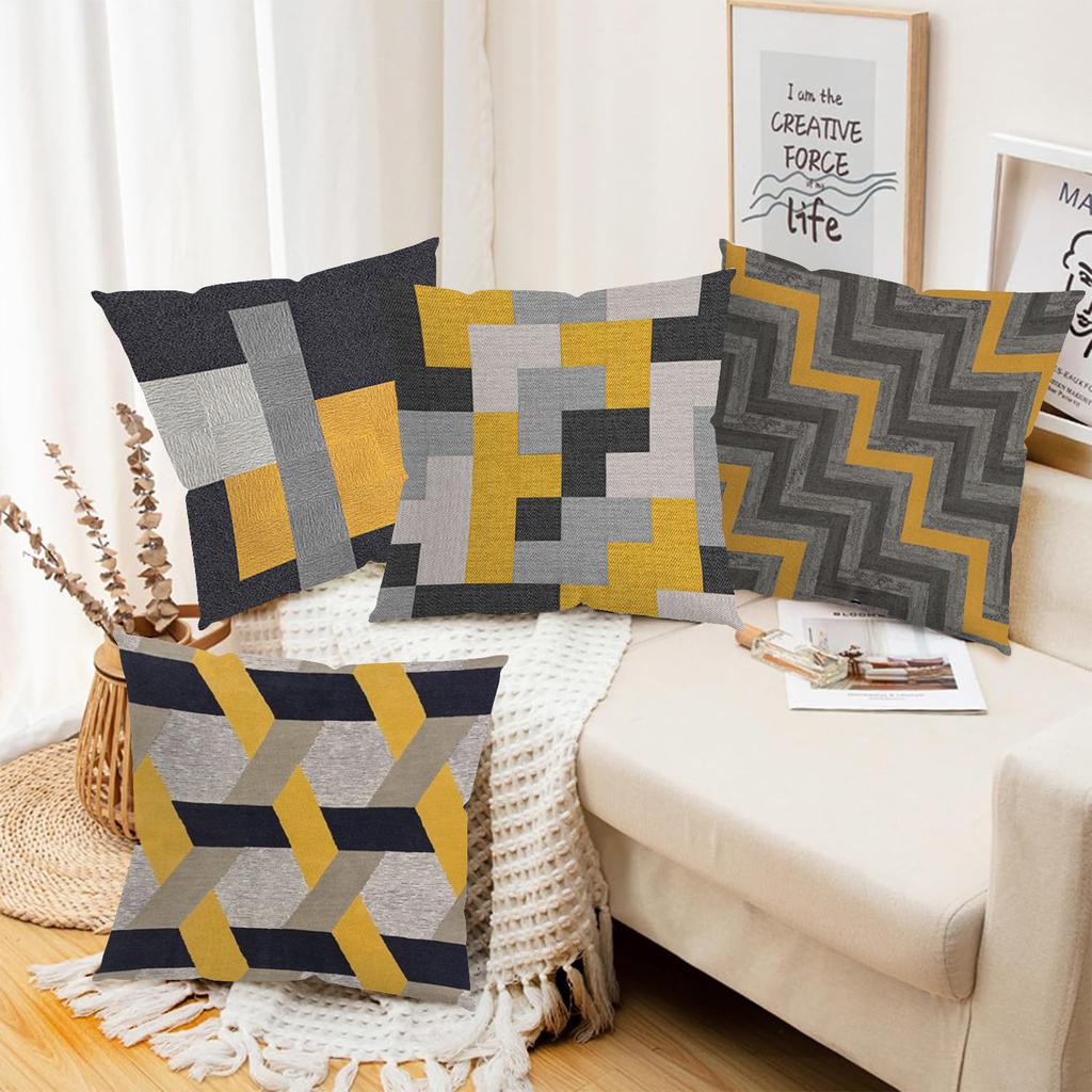 2D flat printing Modern Patterned Cushions Yellow Grey Black Design Polyester pillowcase, sofa decorative cushion cov
