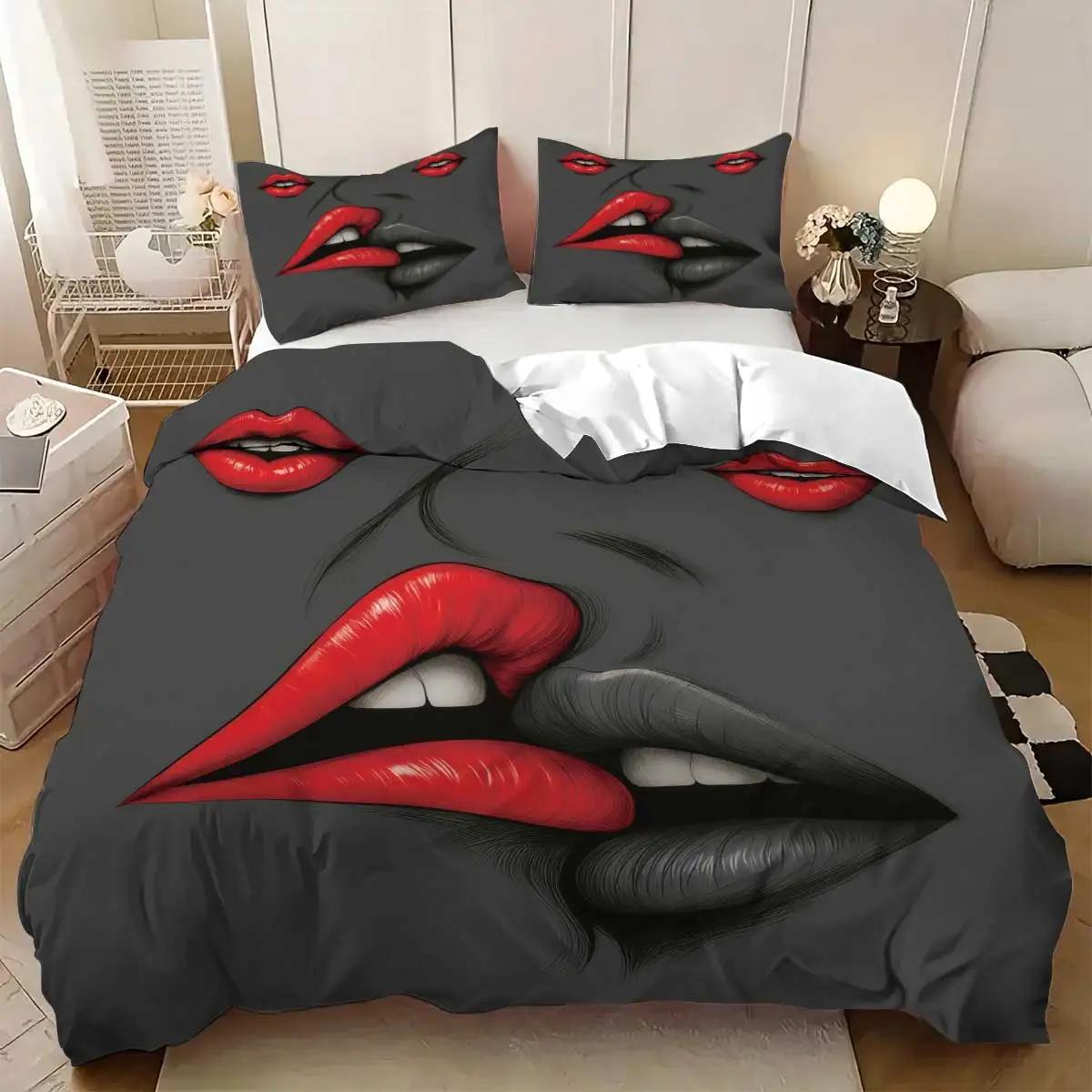 

Lips Pattern Printed Bedding Set1 Quilt Cover+2 Pillowcases Suitable for Couples and Adults Bedroom Home Decoration US Twin(172x218cm)