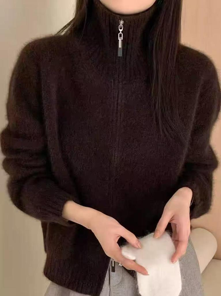 Women's 2026 Autumn/Winter Pure Wool Stand Collar Double Zipper Cardigan Sweater