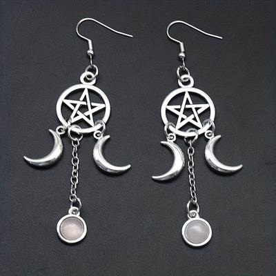 Hollow Pentagram Moon Design With Round Blue Synthetic Gems Decor Dangle Earrings Goth Style Alloy Jewelry Trendy Female Gift