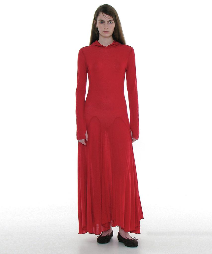 Partimento Woman Sheer Layered Hoodie Flare Dress_Red