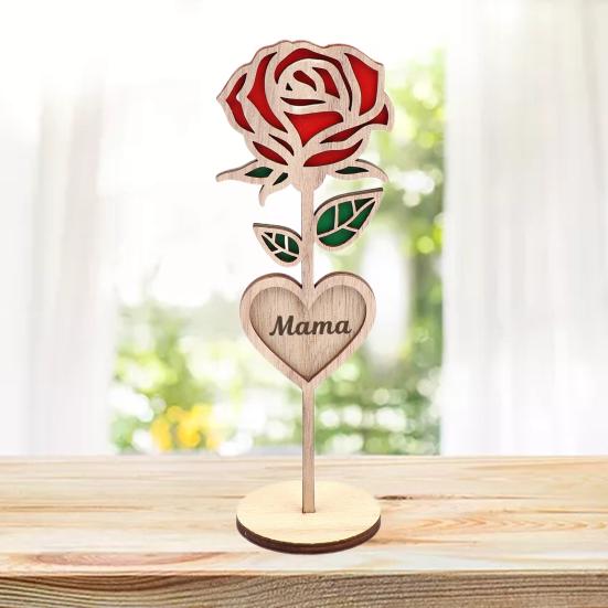 Wood Mama Rose Decoration with Stable Round Base Wooden 3D Carved Rose Flower Desktop Ornament Romantic Mother's Day Gift
