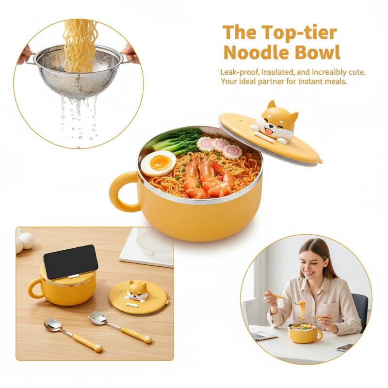 Cartoon Cute Dog Instant Noodle Bowl Stainless Steel With Lid Large Fruit Salad Bowl Student Dormitory Portable Lunch Box 1000ML