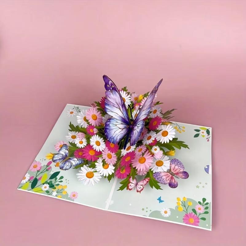 1 Stück Lebendige 3D Pop-Up Grußkarte, Bunte Schmetterlinge & Gänseblümchen, Perfekt für Geburtstag Muttertag Hochzeit