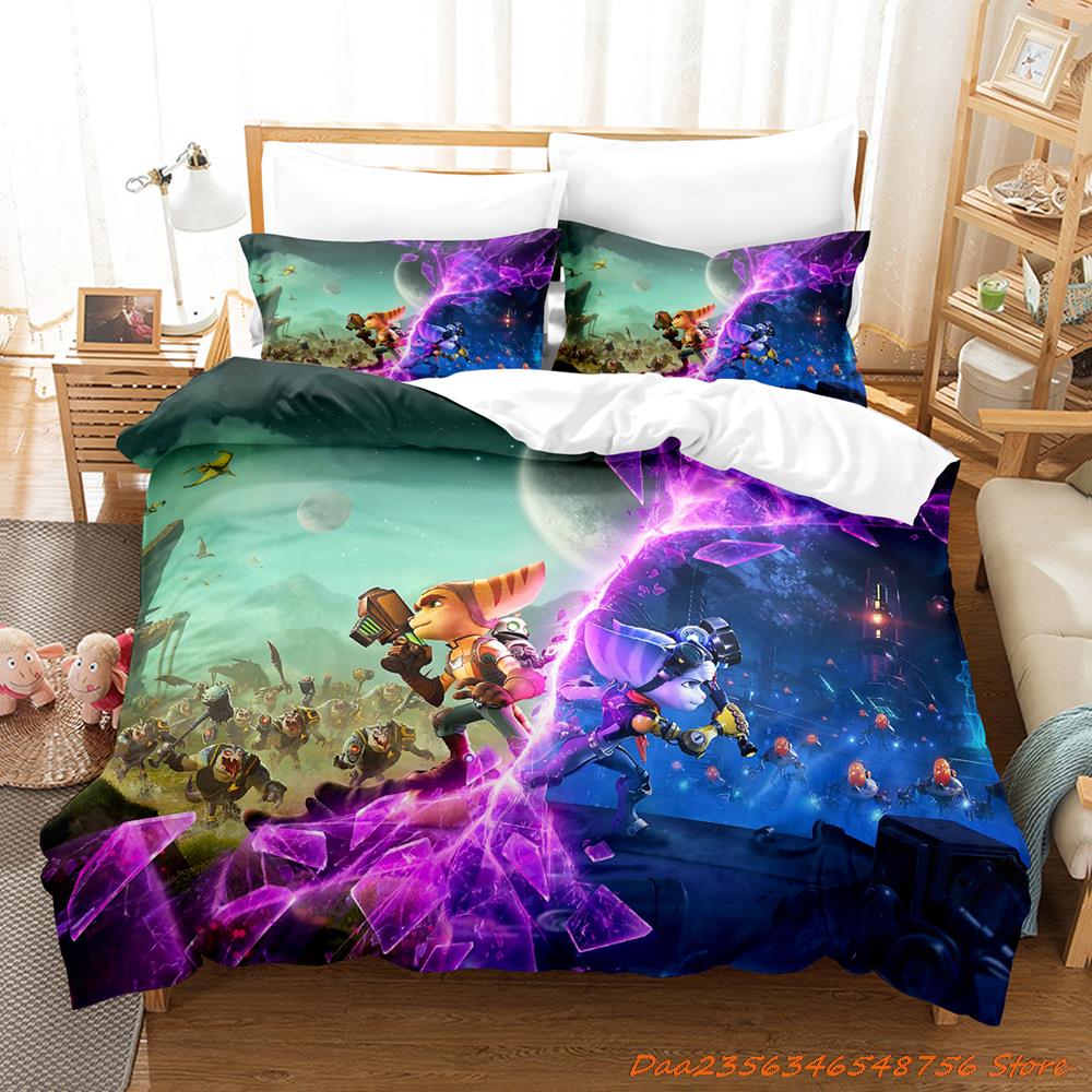 Personelity Game Anime Ratchet Clank Rift Apart Bedding Set Cartoon Three-Piece Set Adult Kid Bedroom Three-Piece Suits 3D EU Single(135*200cm)3pcs