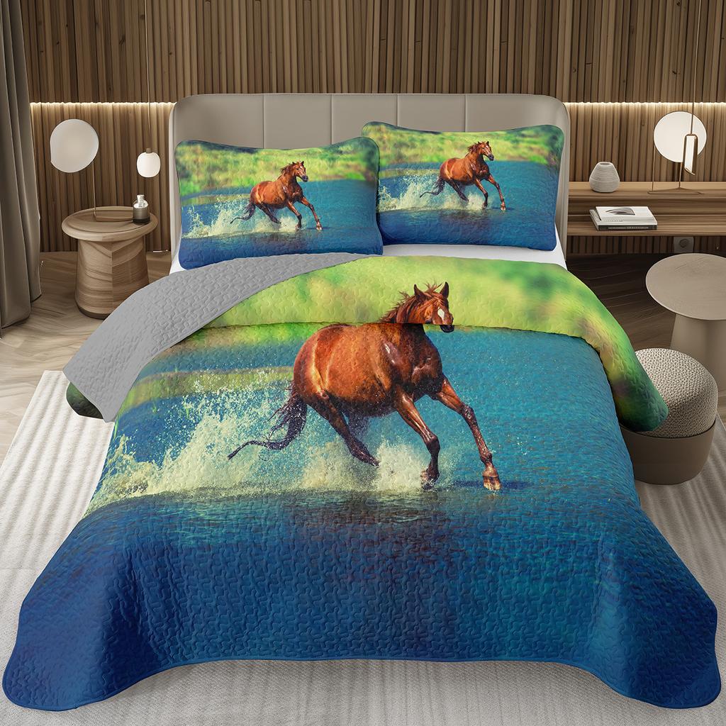 Wild Horse Bedspread Queen/Full Galloping Horse Pattern Quilted Bedding Set Farm Animal Coverlet Set Reversible Rustic Bed Cover