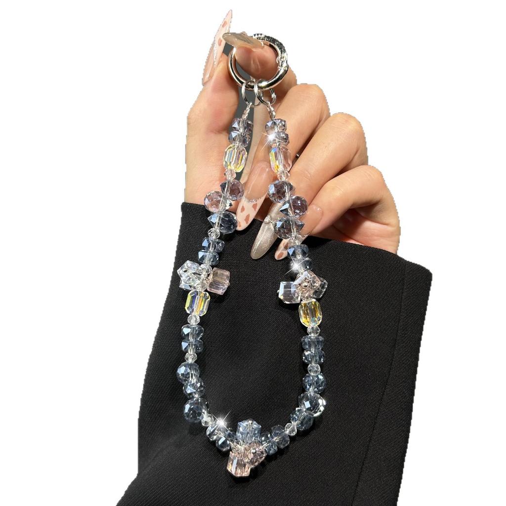 Exquisite Handmade Beaded Chain Phone Lanyard with Water Drop & Square Sugar Wrap Pendants
