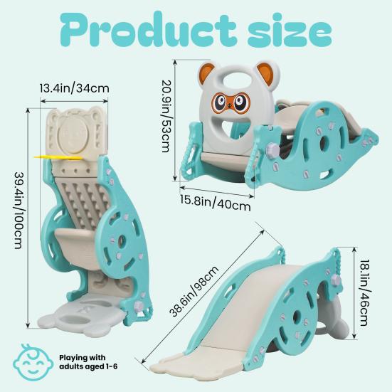 4-in-1 Kids Slide & Rocking Horse, Convertible Playground Toy with Basketball Hoop for Toddlers