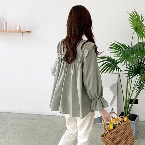 Women Shirt Round Neck Lantern Long Sleeve Pullover Tops Solid Color Loose Fit Ruffle Trim Pleated