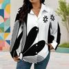 Women Plus Size Collared Long Sleeve Black White Abstract Floral Printed Button Down Shirt
