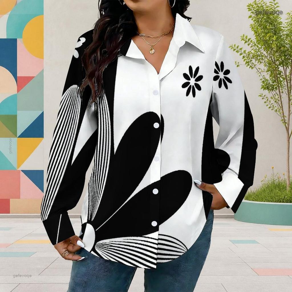 Women Plus Size Collared Long Sleeve Black White Abstract Floral Printed Button Down Shirt