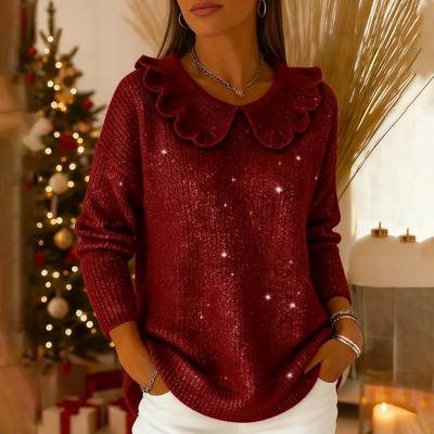 Damen Pailletten Strick Casual Pullover Tops Mode Langarm Pullover