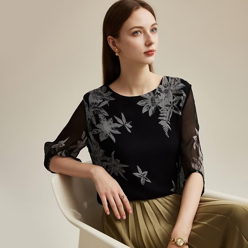 Zhaojun Women s Mulberry Silk Printed 7-Sleeve Puff Top XL
