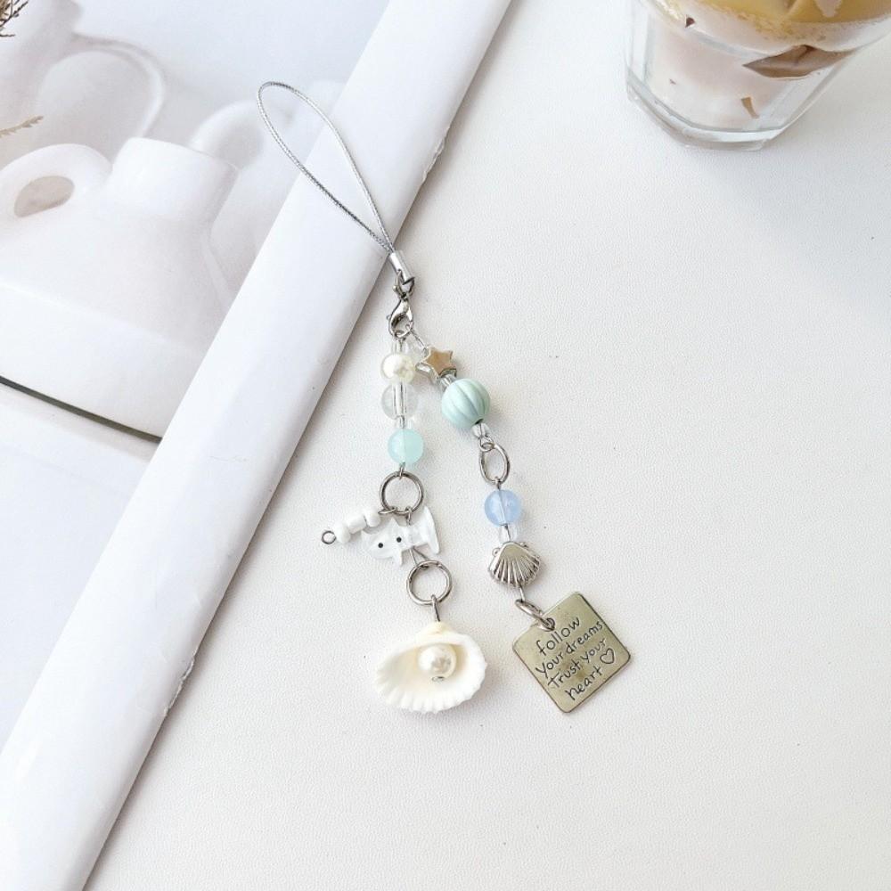 5PCS Glass Bead Cat Shell Keychain Zinc Zinc Alloy Shell Pearl Phone Lanyard Sweet Beaded Cat Pendant  Gift