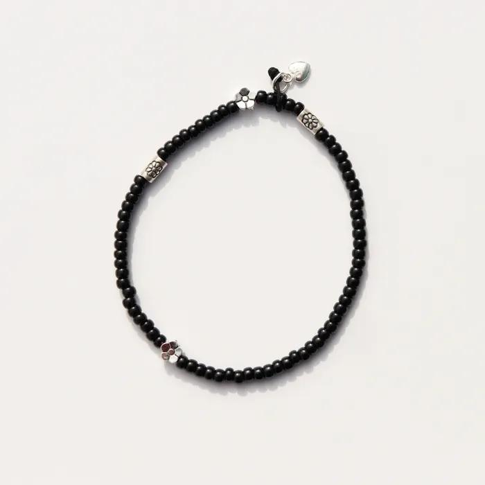 Silver Flower Charms Black Beads Bracelet