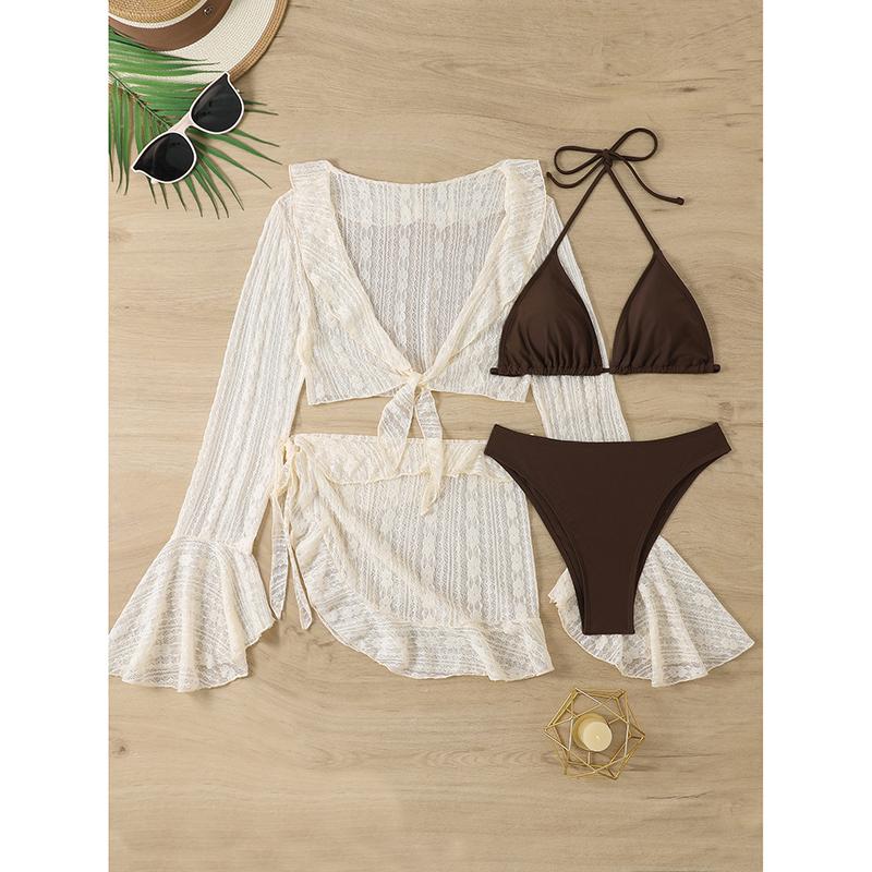 Swimwear Women Long Sleeve Ruffles Cover Up Skirt 4 Piece Bikini Set Push Up Beach Bathing Suit High Waist Swimsuit