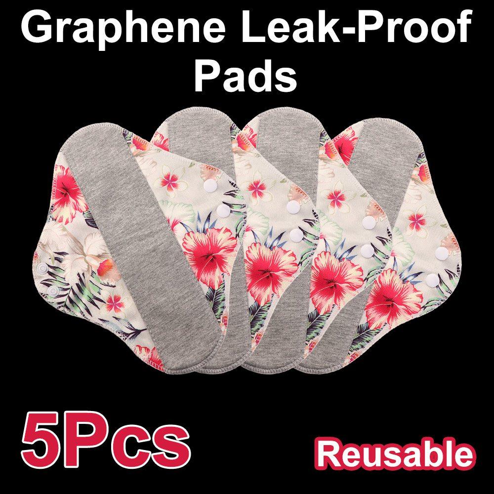 5Pcs Graphene Reusable Sanitary Pads Leak Proof 23CM Washable Sanitary Napkins Soft with Waterproof Layer Panty Liner