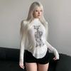2KWEIRD Y2K Seksowne Koronkowe Siateczkowe Przezroczyste T-Shirty Gotycki Nadruk Graficzny Długi Rękaw Dzianinowe Naszywane Top Vintage Kobiety Lato Streetwear