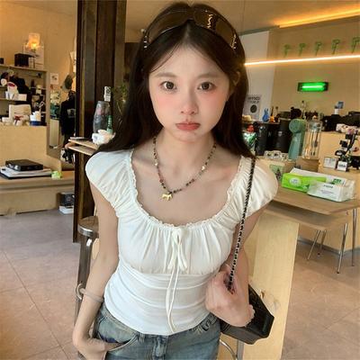 [Keren Cotton Modal] Korean Pure Lace Lace-up Short-sleeved T-shirt Women's Summer Slim-fitting and Thin Top