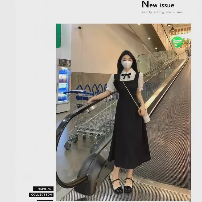 Women's Large French College Style Black Two-Piece Polo Dress - Waist Slimming A-Line Summer Skirt