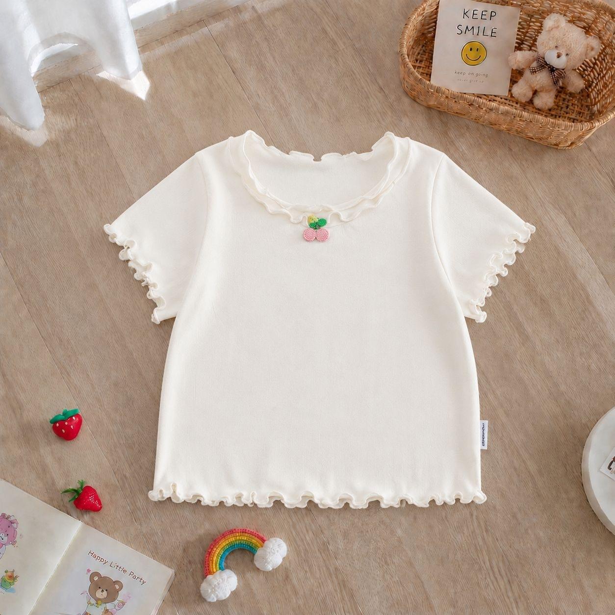 Cute Girls Solid Cherry Print Short Sleeve T Shirt with Lace Trim for Summer 90