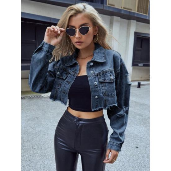 GMXIA Einfarbig bedruckte Langarm-POLO-Kragen-Damen-Casual-All-Match-Shorts aus modischem Denim mit kurzen Jacken und Mänteln