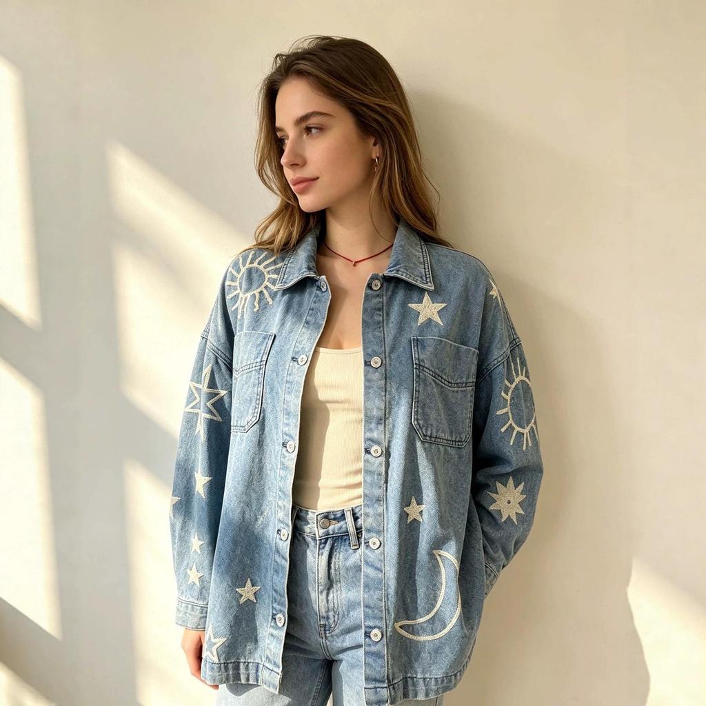 Women's Retro Embroidered Distressed Denim Jacket Coat