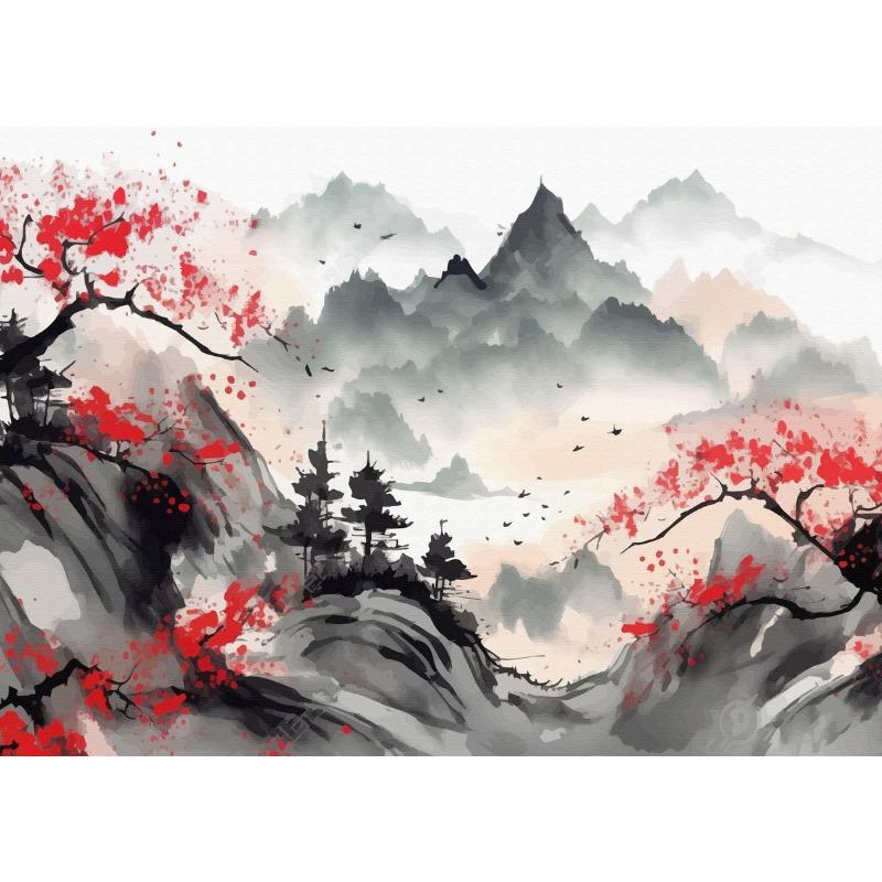 Chinesische Landschaft Vögel Wald Berg Fluss Koi Karpfen Fisch Tuschekunst Poster Leinwand Gemälde Wandkunst Drucke Bild Heimdekor