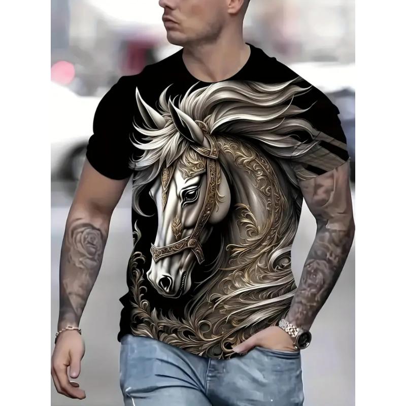 

Винтажные футболки для мужчин, модные повседневные футболки с принтом лошади и круглым вырезом, топы, уличные футболки с коротким рукавом в стиле Харадзюку, мужская одежда XL