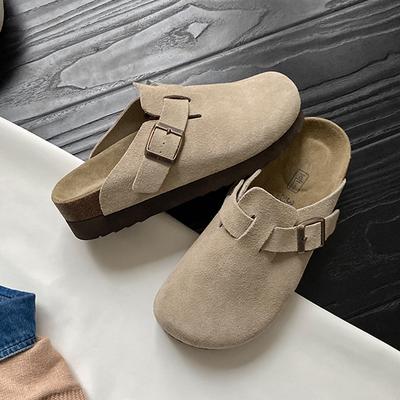 Thick Bottom Leather Bokken Shoes Women Cork Heightened Slippers Flat Bottom Fishing Bokken Shoes Korean Retro Baotou Half Slippers