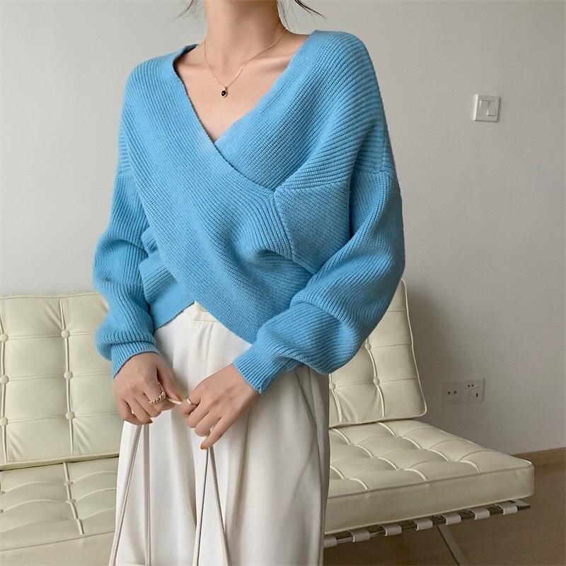 Autumn Loose V-Neck Women Knitted Sweater Vintage Office Lady Pullovers Sweaters Ladies Winter Korean Irregular Knitwears 28576