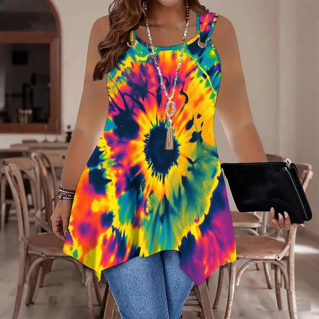 Modische lässige Sport-Doppelring-Weste für Damen, Große Tank-Weste mit Retro-Druckmustern, Unregelmäßiger Saum, Elegant und Schlicht