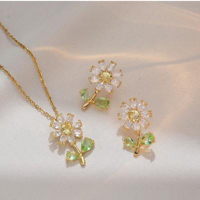 Zirconium Flower Pendant Necklace Earrings Women's Jewelry Set